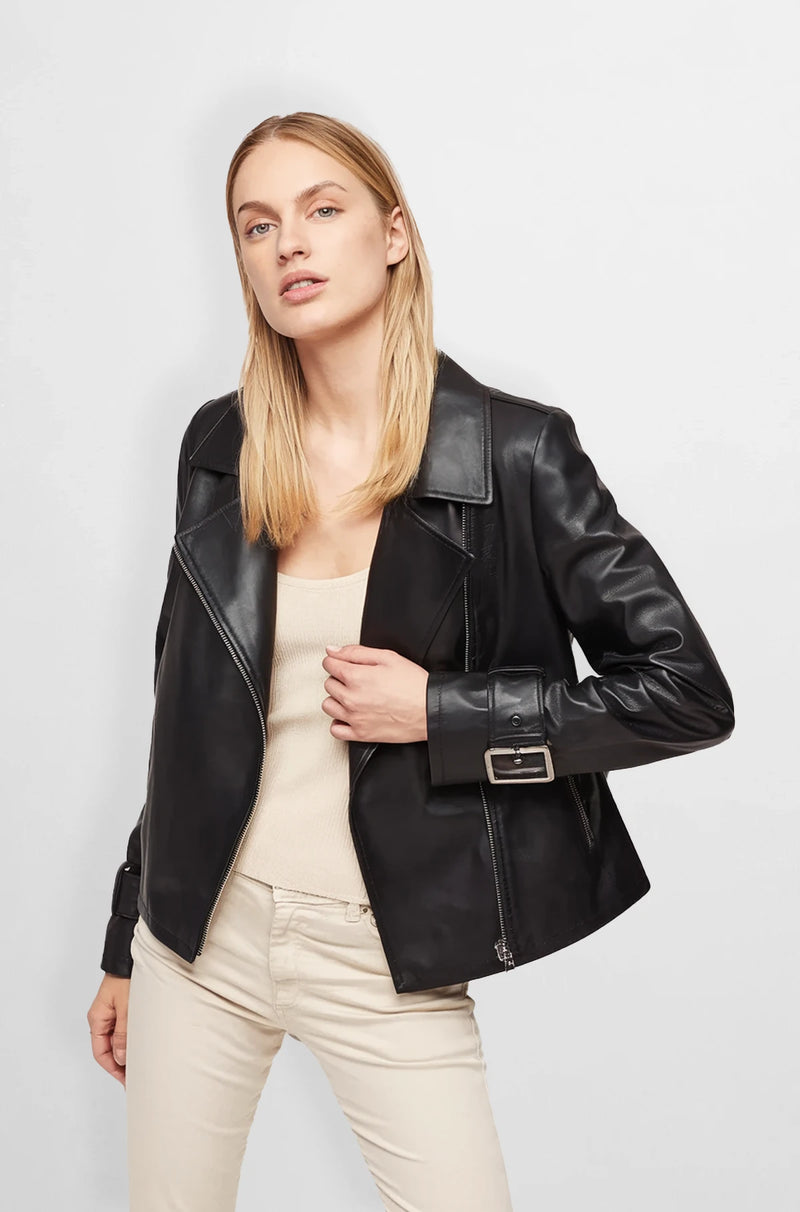 Plain Black Moto leather Jacket For Women front view