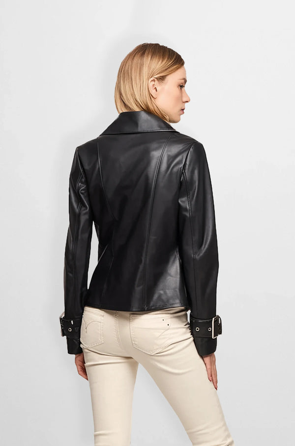 Plain Black Moto leather Jacket For Women back view