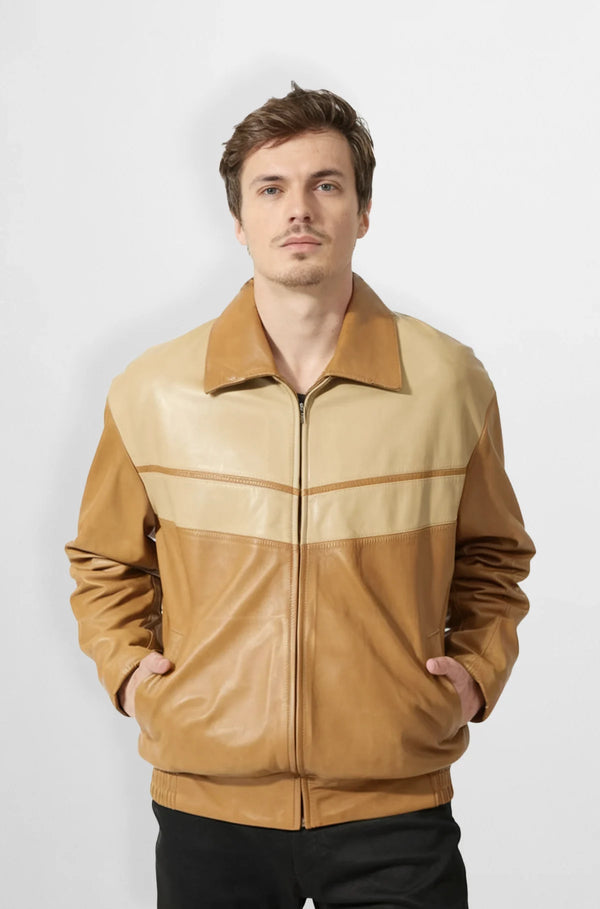 Plain tan and cream leather jacket for men front view