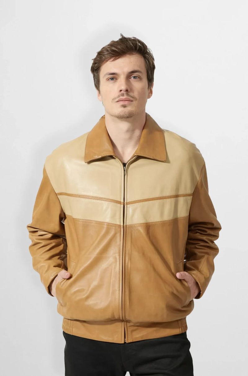 Plain tan and cream leather jacket for men front view