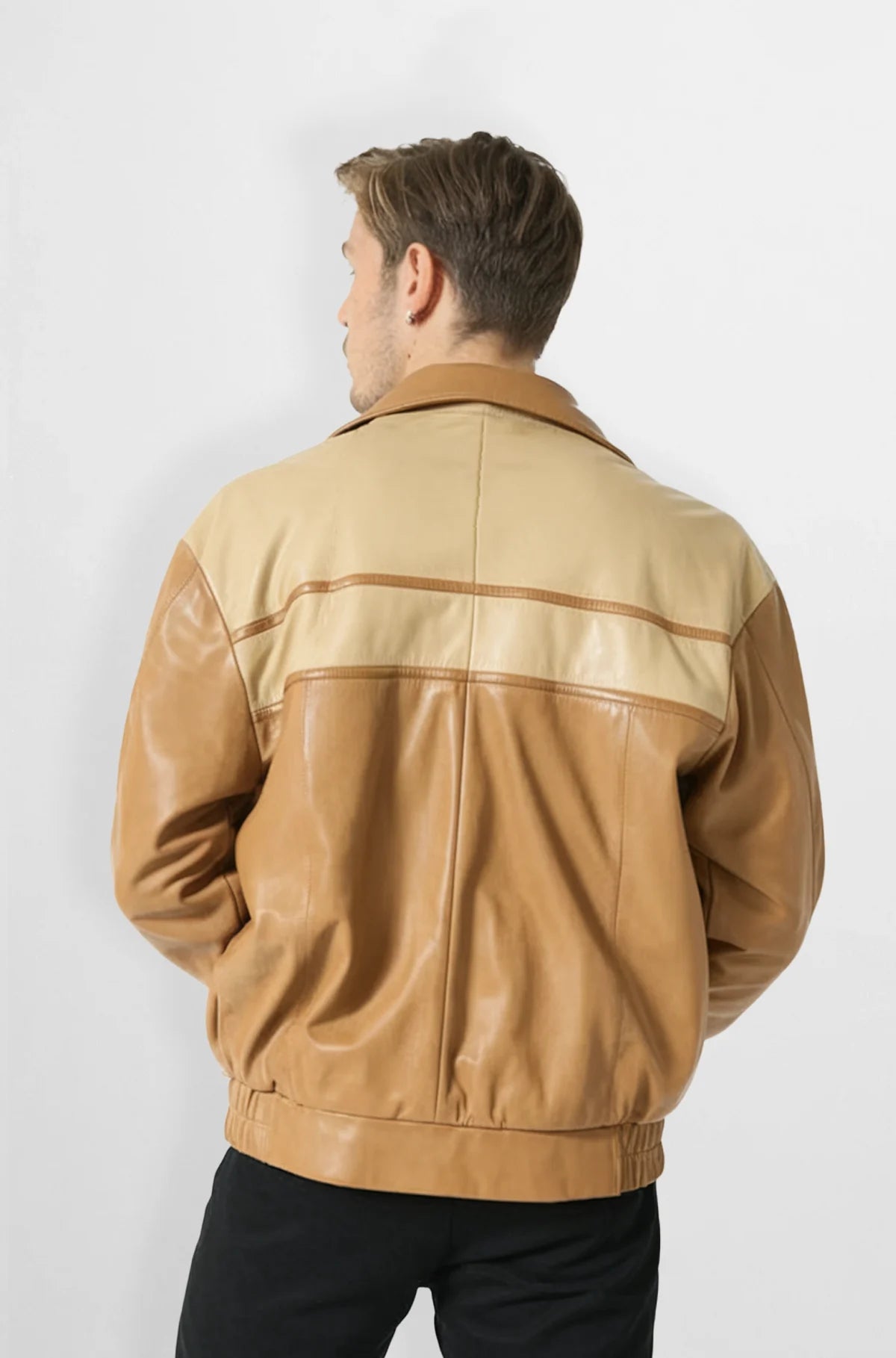 Plain tan and cream leather jacket for men back view