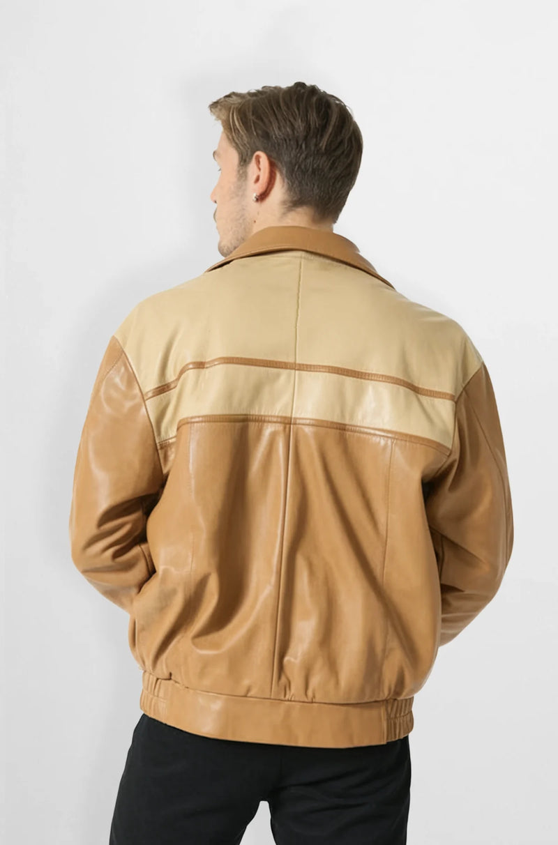 Plain tan and cream leather jacket for men back view