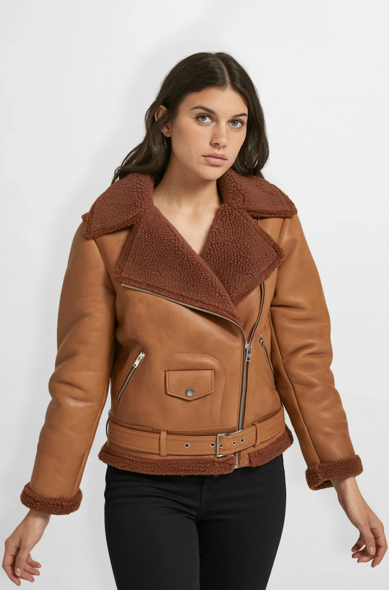 Women Shearling Lined Tan Biker Jacket front view