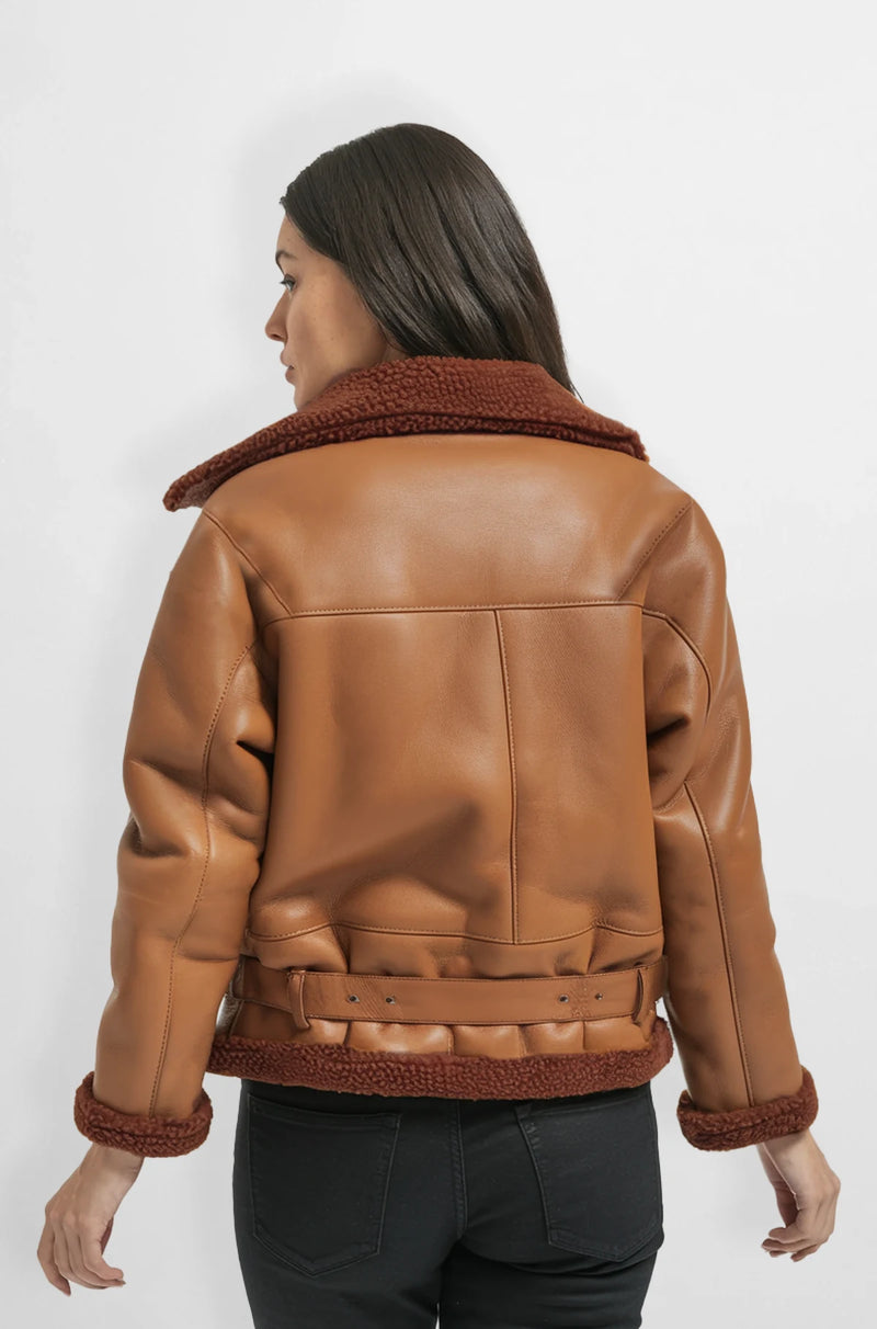 Women Shearling Lined Tan Biker Jacket back view