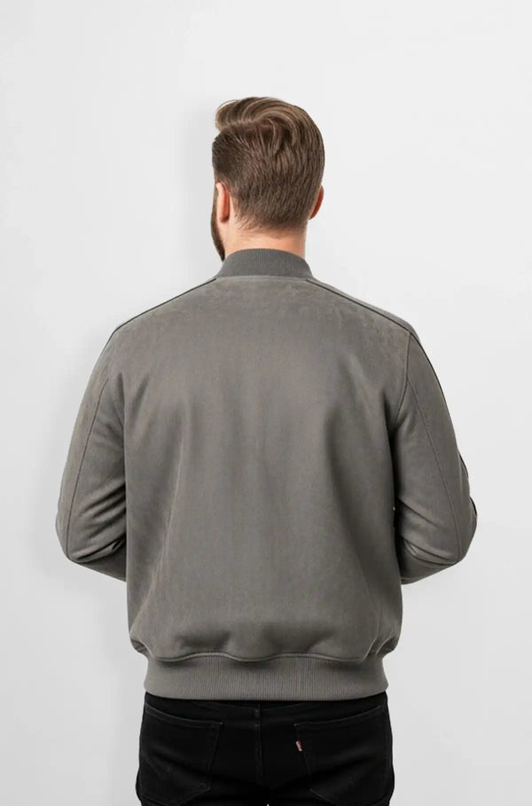 Ash Grey Crocodile Suede Leather Bomber Jacket Back view