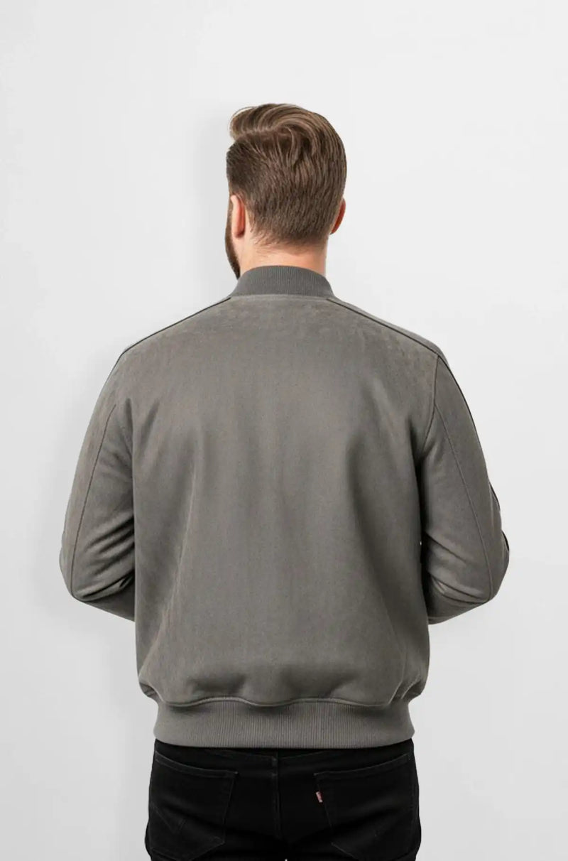 Ash Grey Crocodile Suede Leather Bomber Jacket Back view