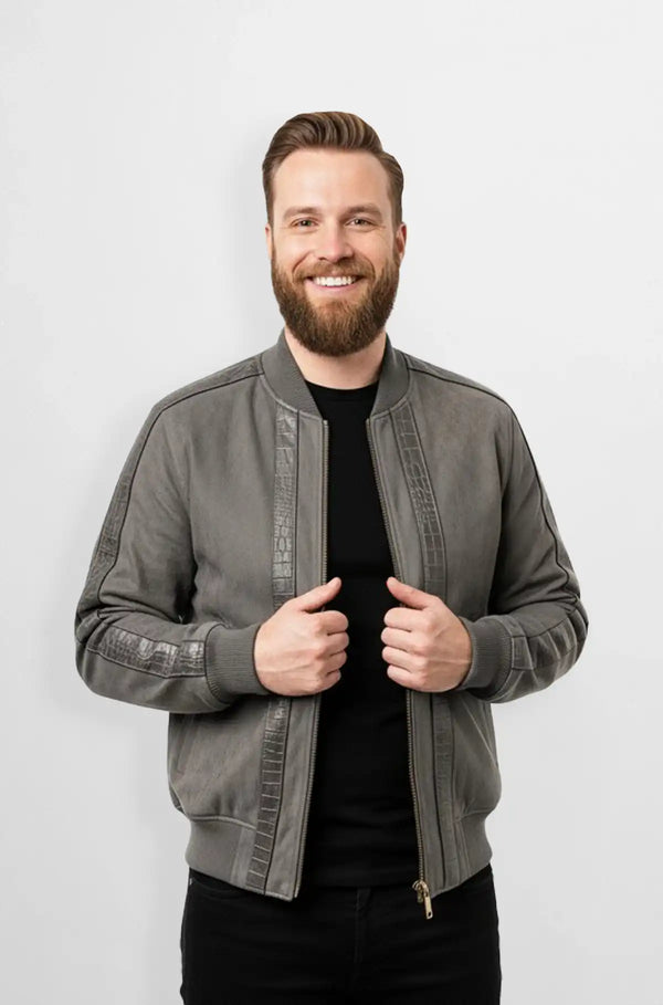 Ash Grey Crocodile Suede Leather Bomber Jacket Front view