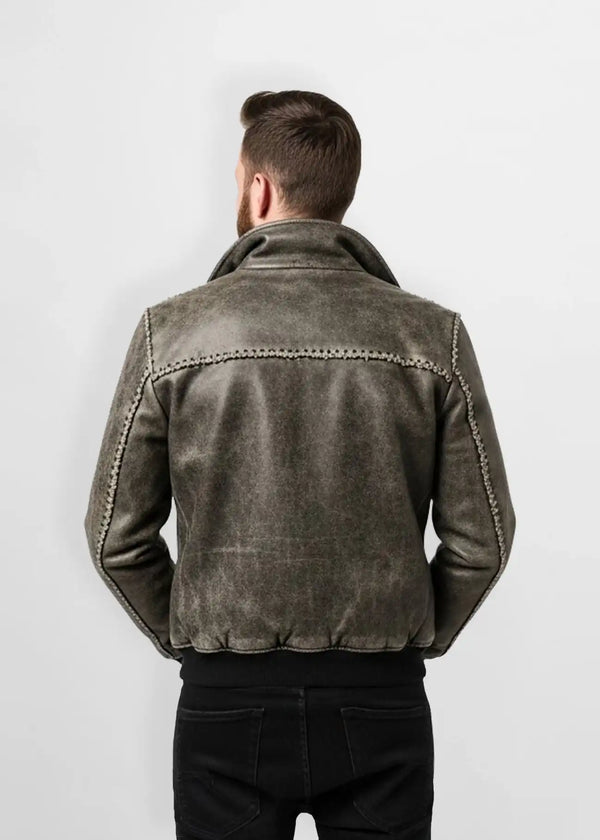 Ash Grey Distressed Leather Bomber Jacket Back view