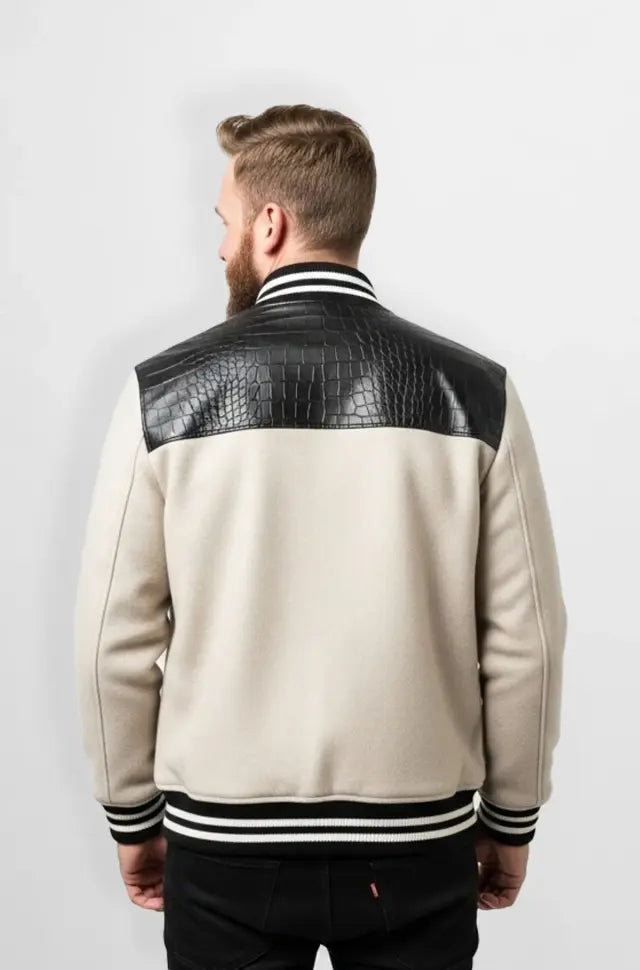 Beige & Black Crocodile Leather Wool Varsity Jacket Back view
