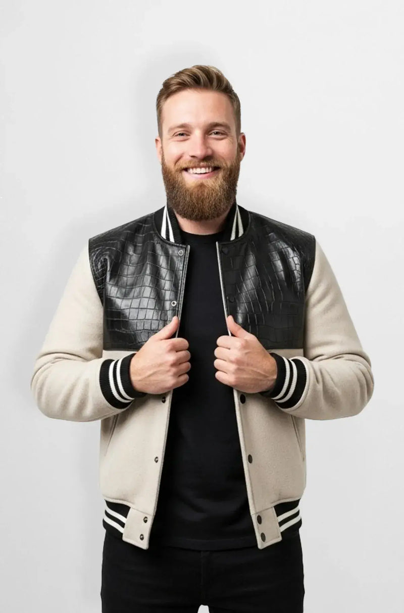 Beige & Black Crocodile Leather Wool Varsity Jacket Front view