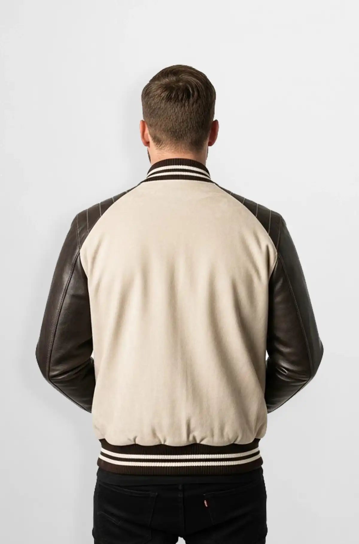 Beige & Brown Suede Leather Varsity Jacket Back view