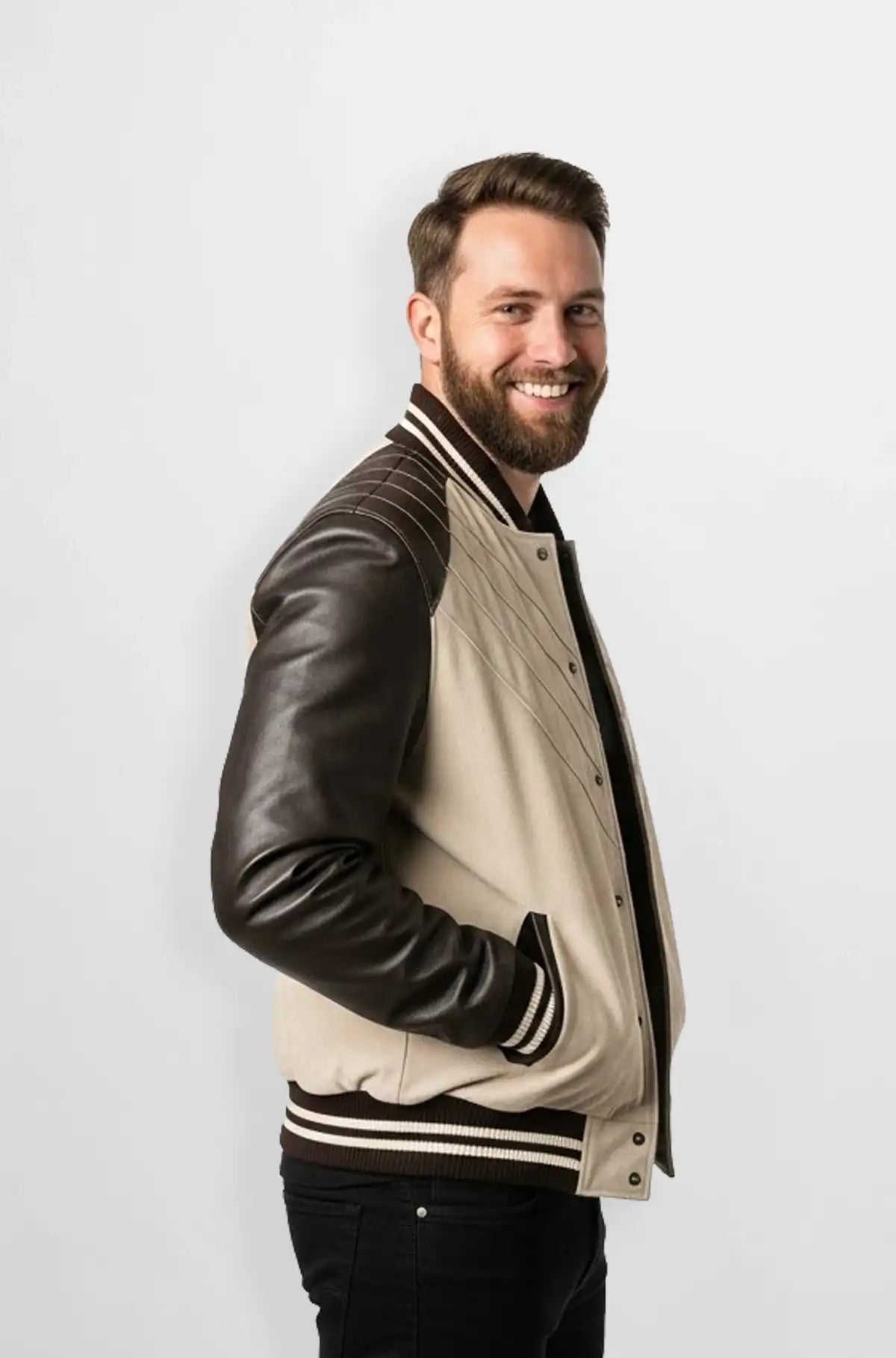 Beige & Brown Suede Leather Varsity Jacket Side view