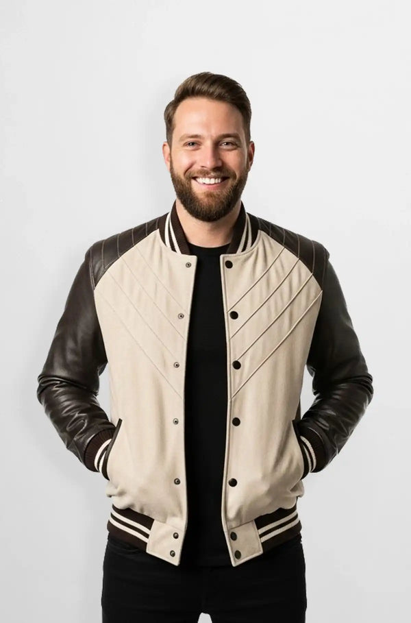 Beige & Brown Suede Leather Varsity Jacket Front view