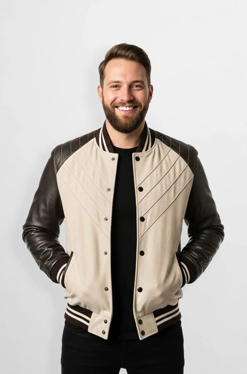 Beige & Brown Suede Leather Varsity Jacket Front view