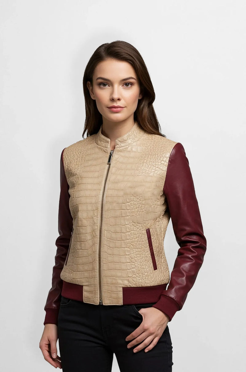Beige Crocodile Leather Bomber Jacket Front view
