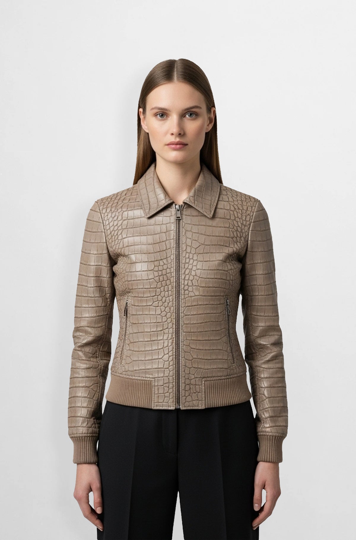 Beige Crocodile Textured Leather Bomber Jacket