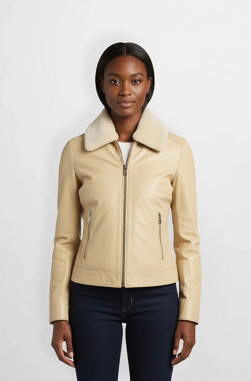 Beige Leather Aviator Jacket for Women