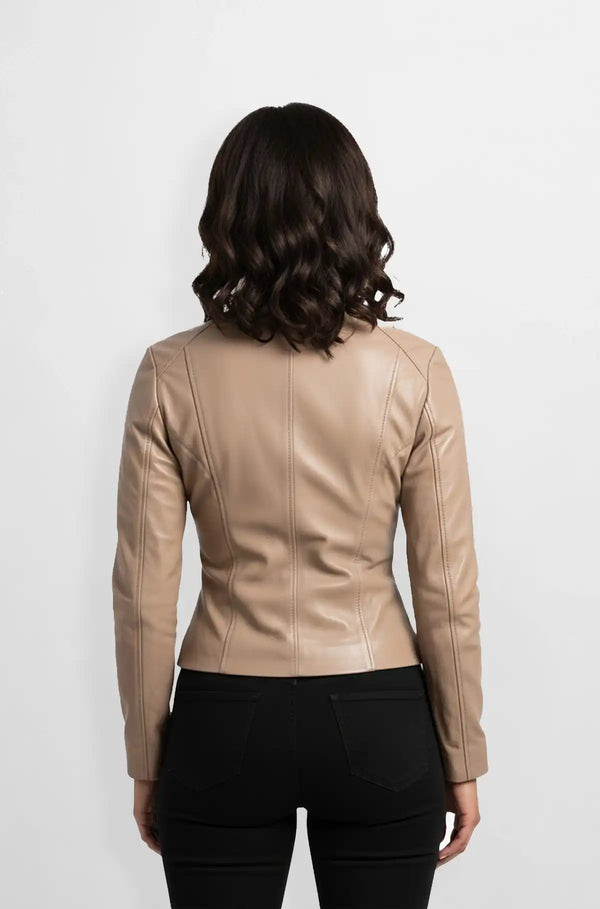 Beige Leather Zip-Up Jacket