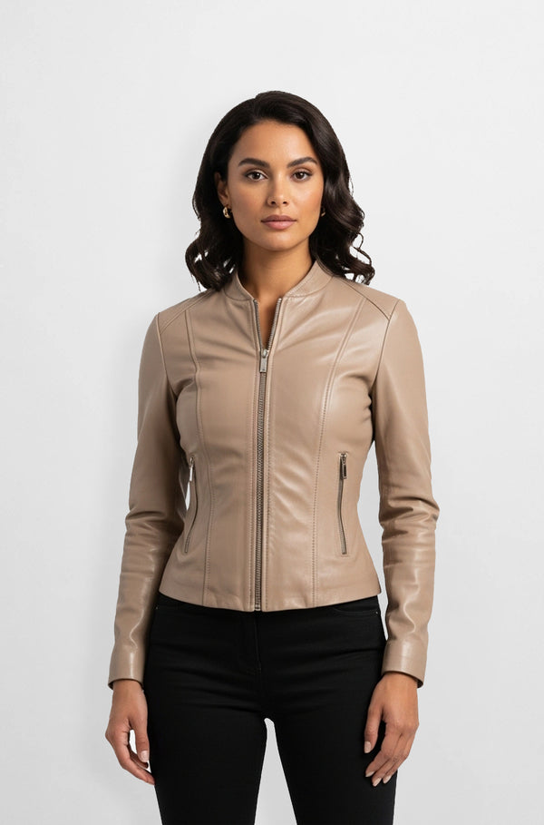 Beige Leather Zip-Up Jacket