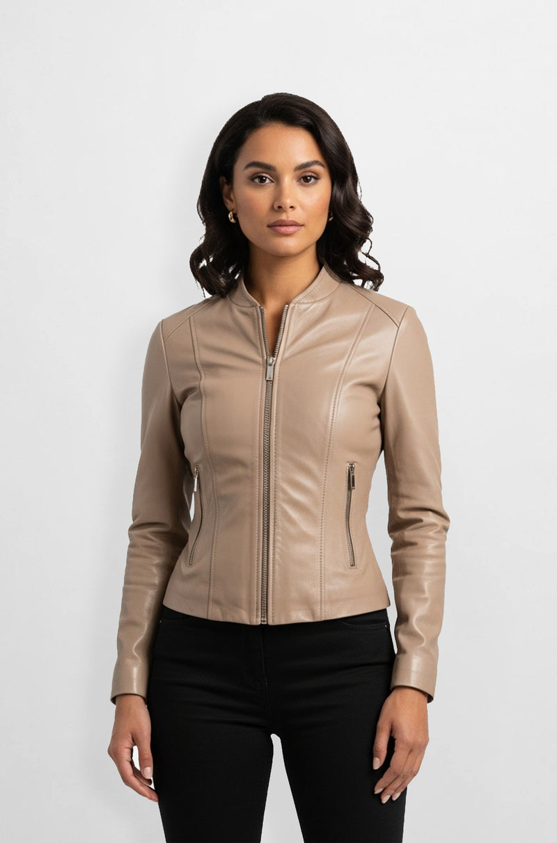 Beige Leather Zip-Up Jacket