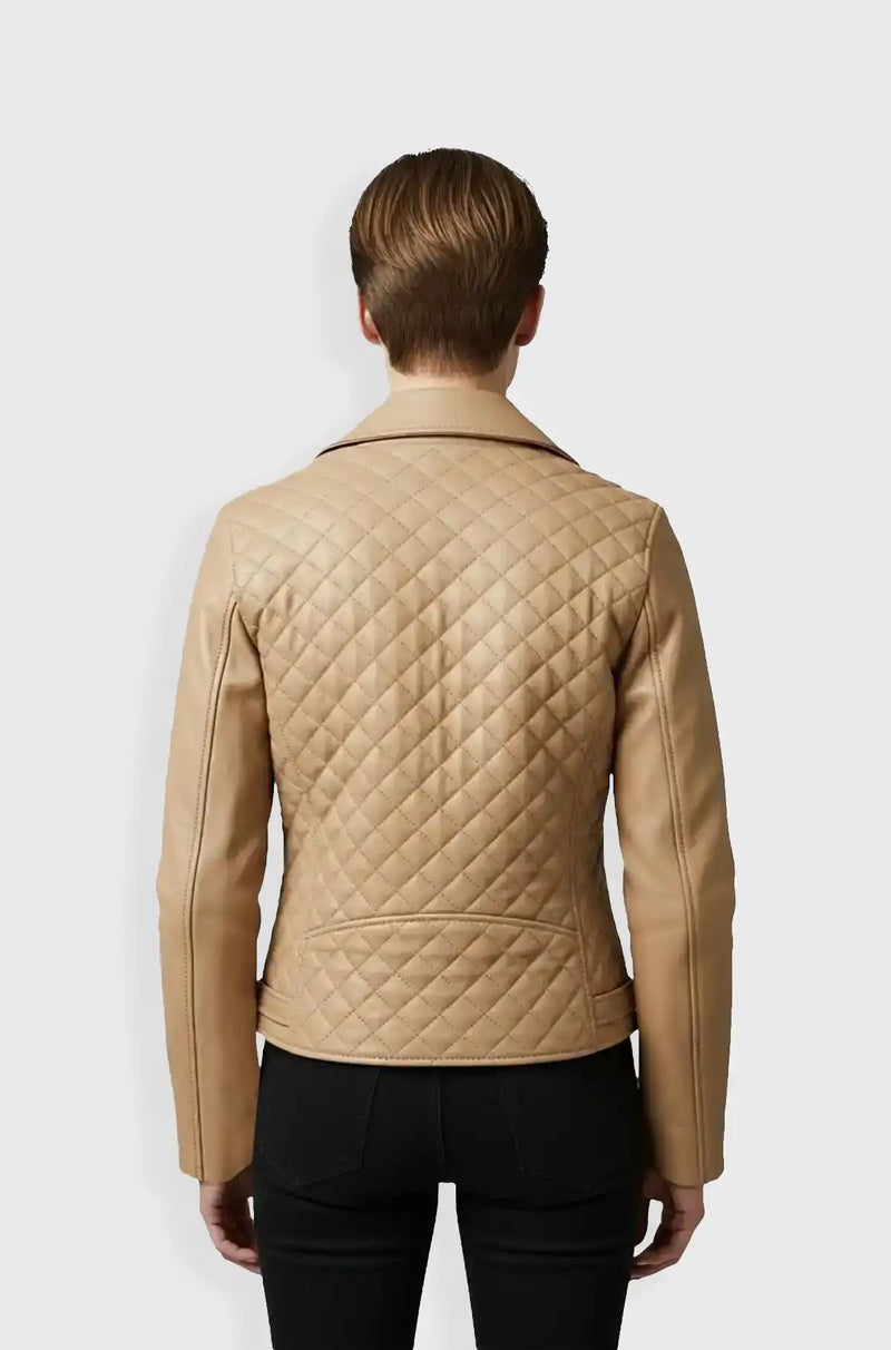 Beige Quilted Leather Biker Jacket