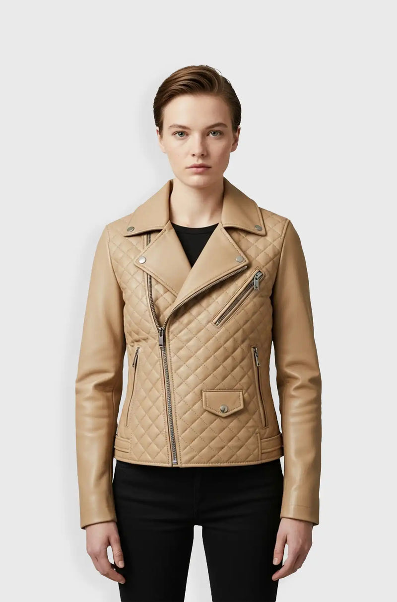 Beige Quilted Leather Biker Jacket
