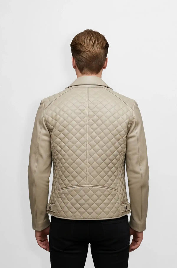 Beige Quilted Leather Moto Jacket Back view