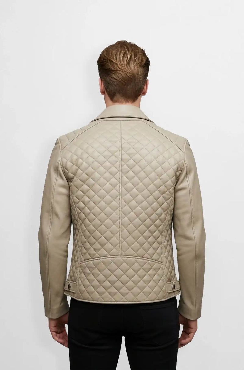 Beige Quilted Leather Moto Jacket Back view