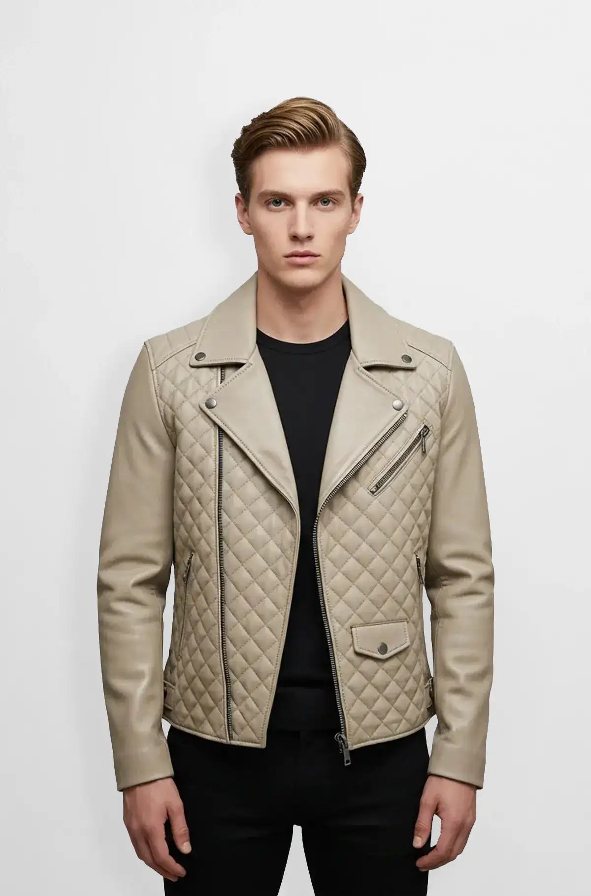 Beige Quilted Leather Moto Jacket Front view
