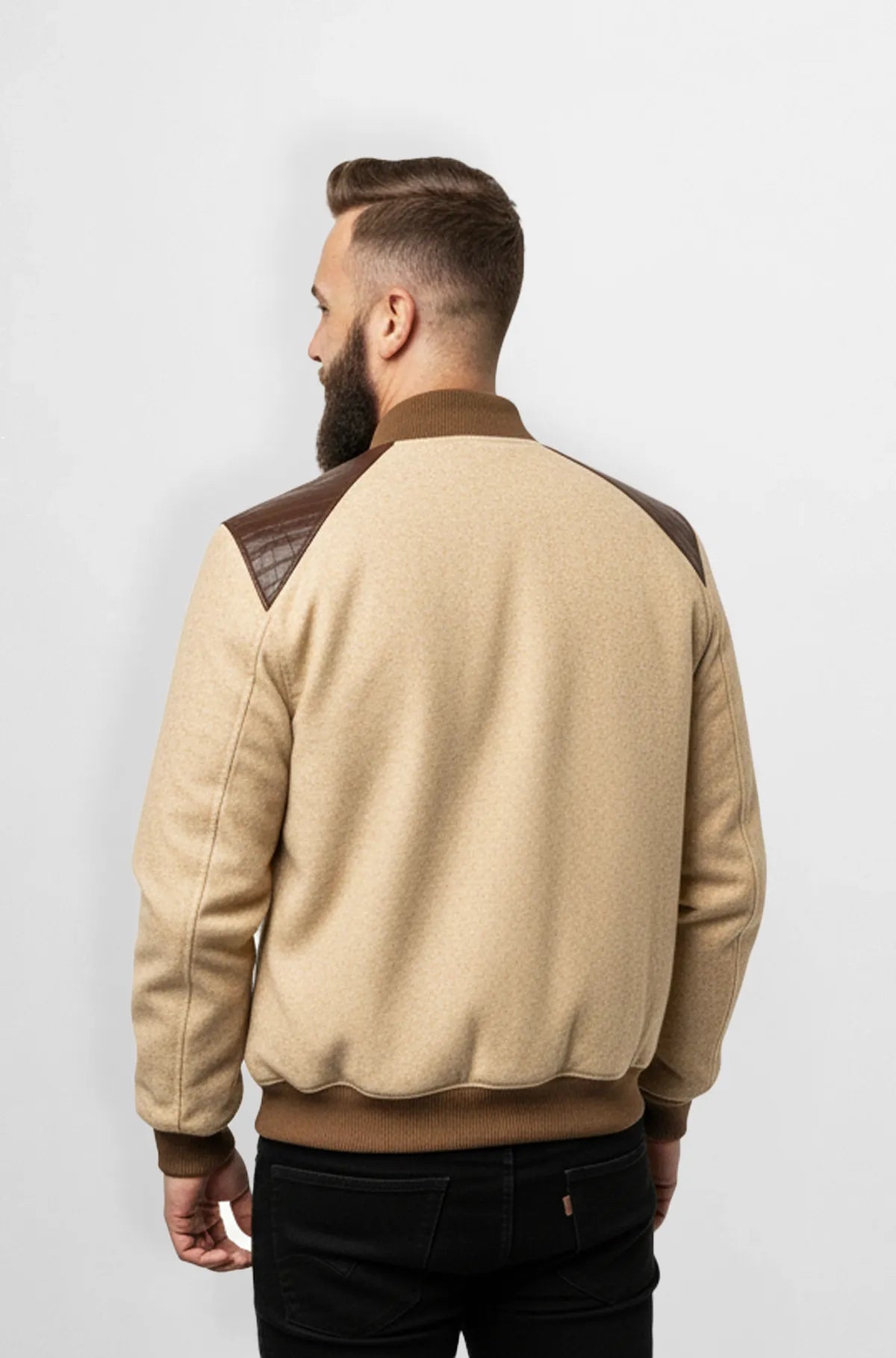 Beige Sand Crocodile Wool Leather Bomber Jacket Back view