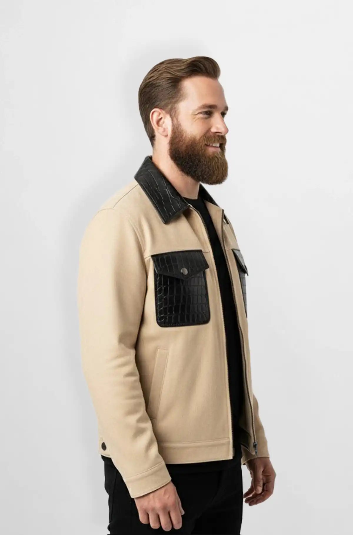 Beige Sand Suede Leather Trucker Jacket Side view