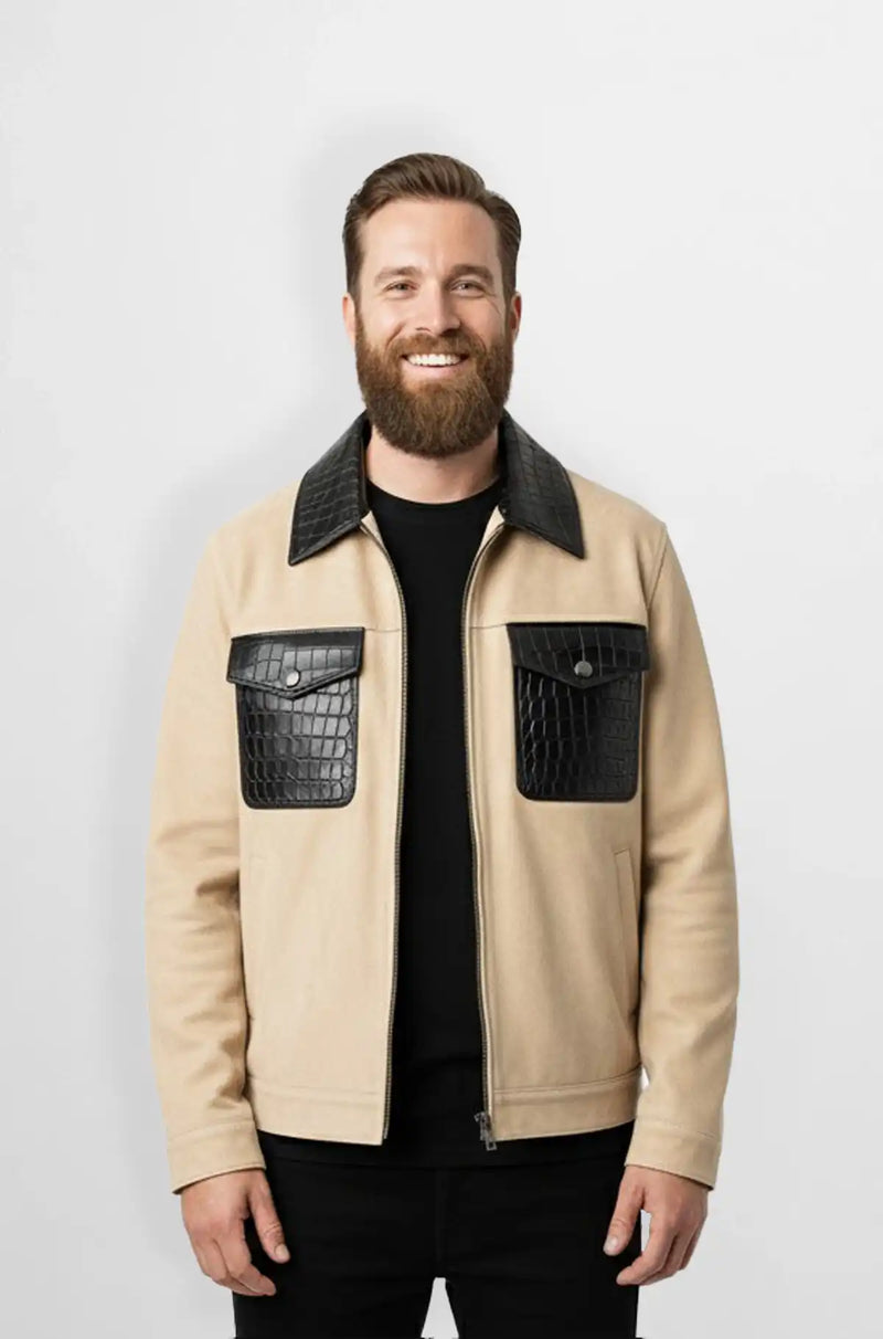 Beige Sand Suede Leather Trucker Jacket Front view
