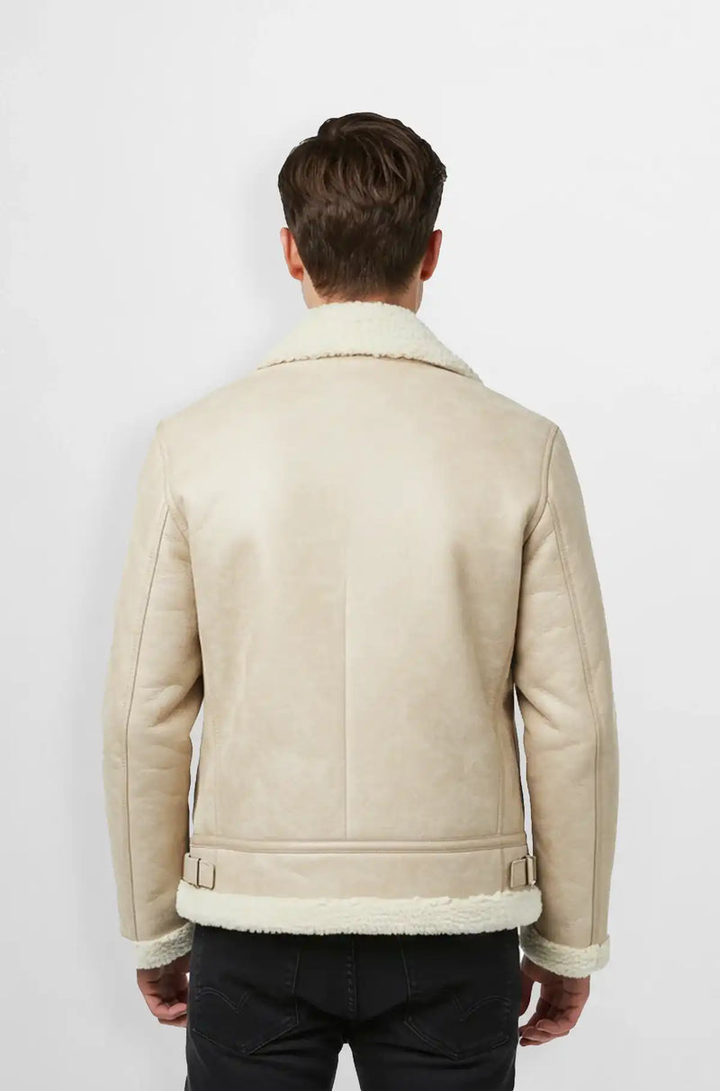 Beige Shearling Leather Bomber Jacket Back view