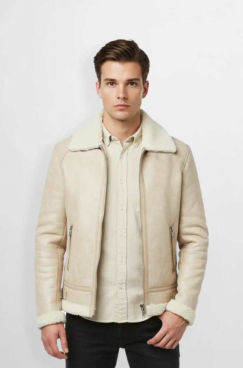 Beige Shearling Leather Bomber Jacket Front view