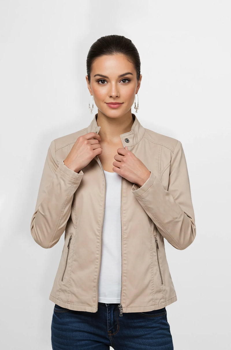 Beige Women's Moto Style Leather Jacket
