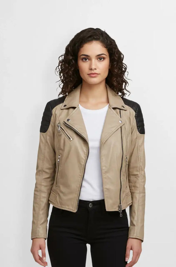 Beige and Black Leather Biker Jacket