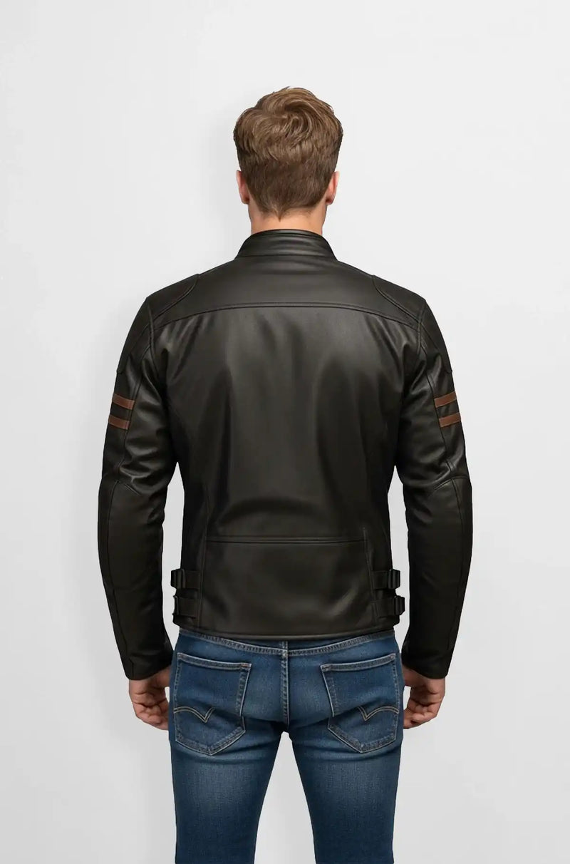 Black & Brown Stripes Leather Biker Jacket Back view