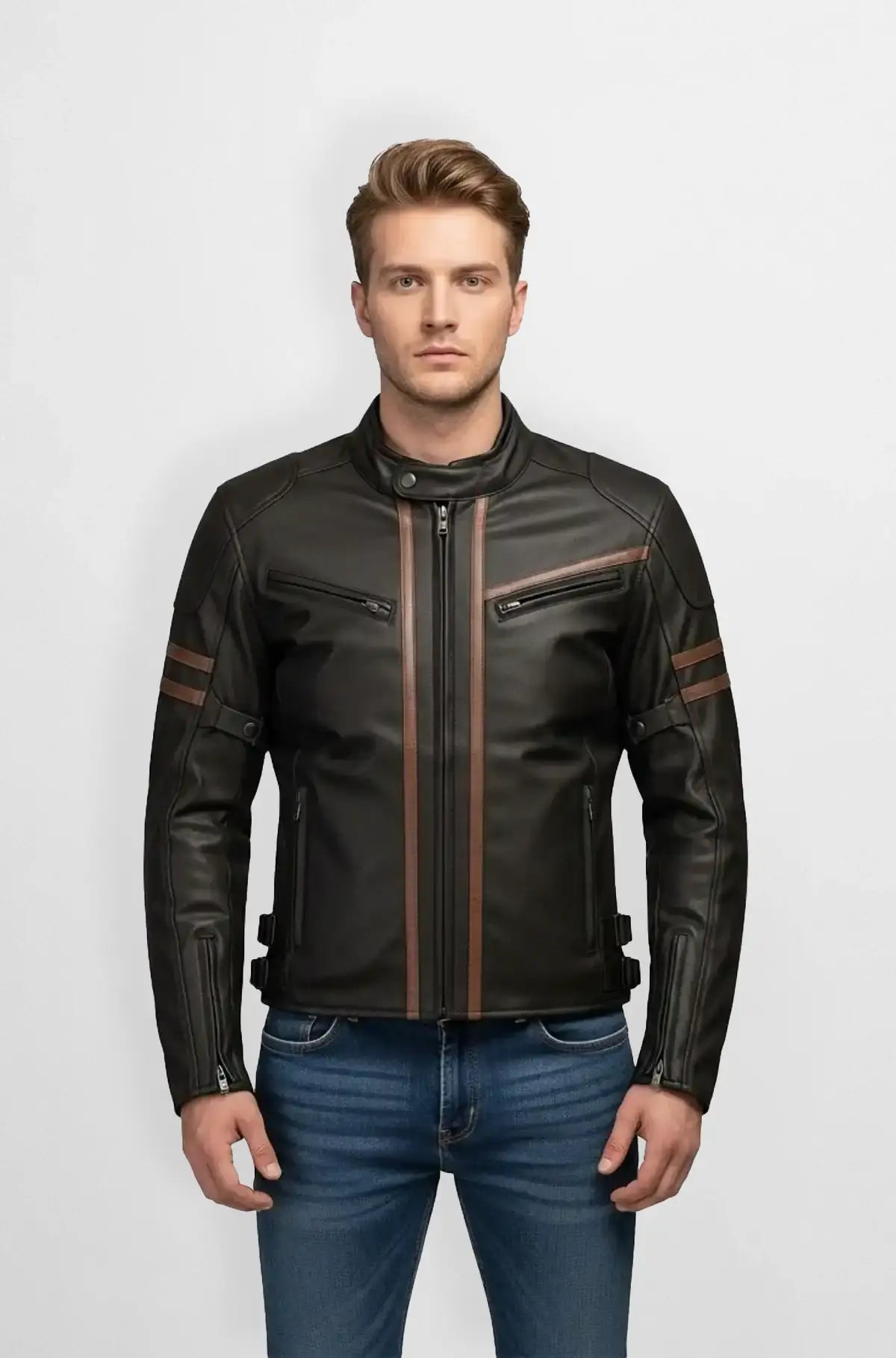 Black & Brown Stripes Leather Biker Jacket Front view