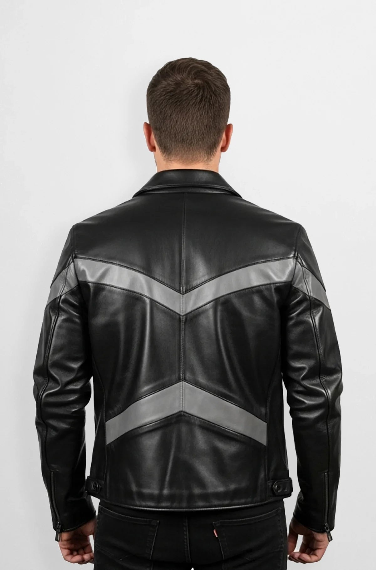 Black And Charcoal Grey Leather Biker Jacket Back view