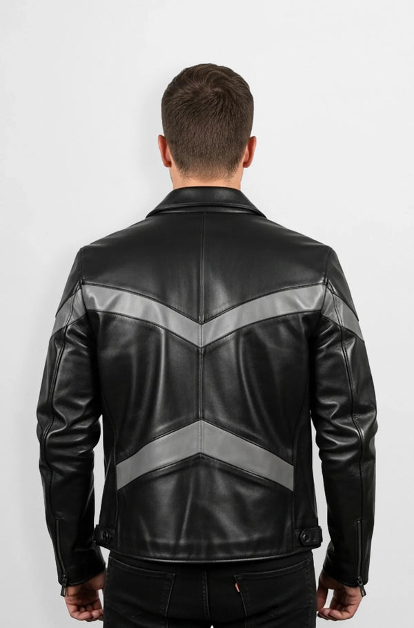 Black And Charcoal Grey Leather Biker Jacket Back view