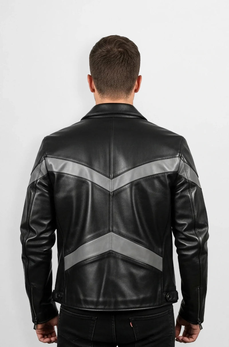 Black And Charcoal Grey Leather Biker Jacket Back view