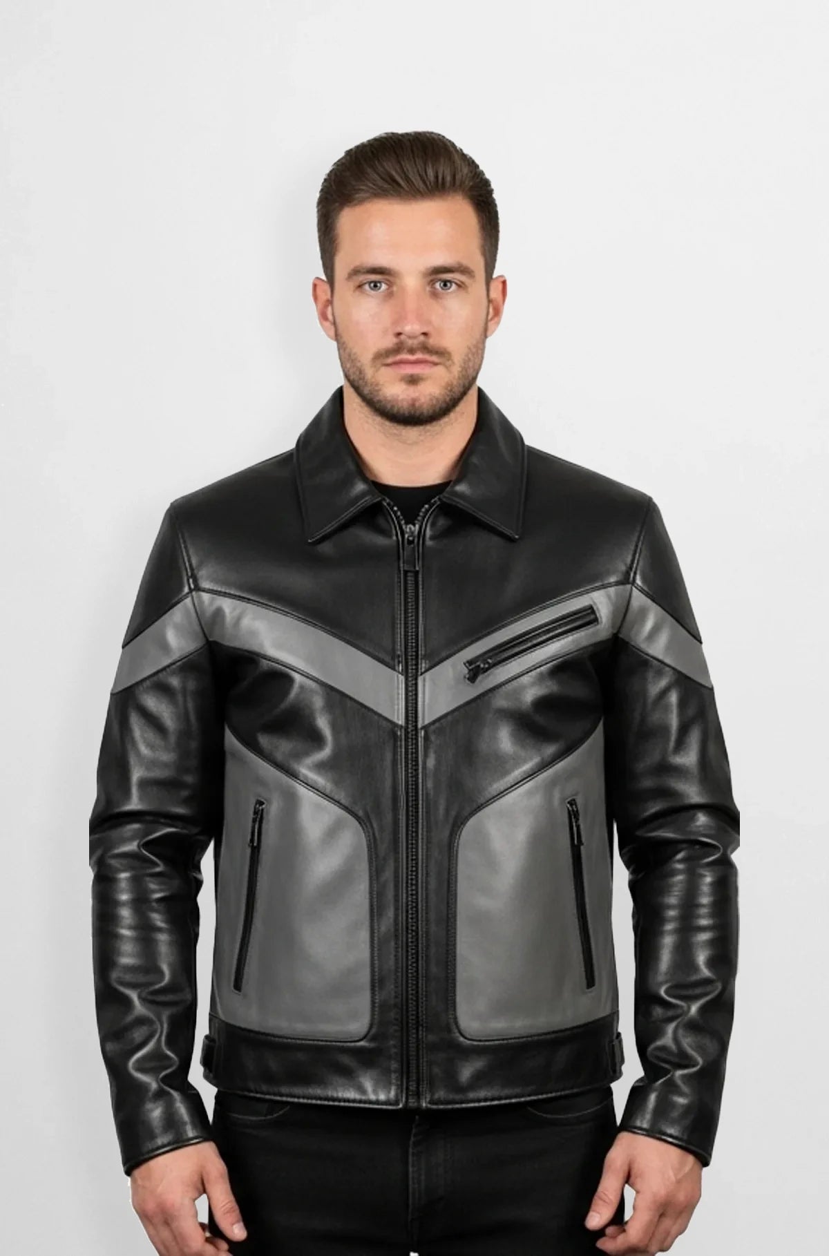 Black And Charcoal Grey Leather Biker Jacket Front view