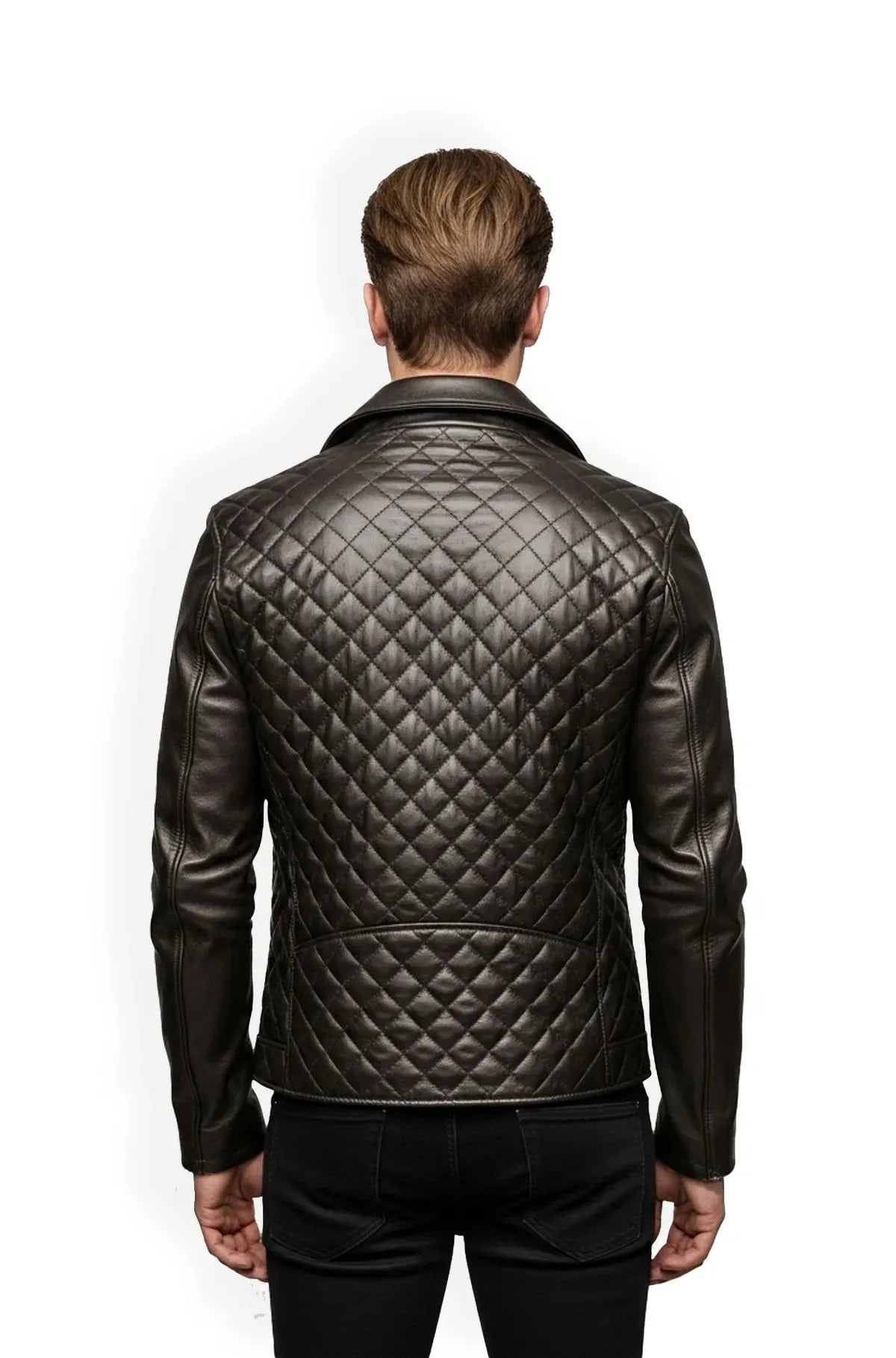 Black and Grey Quilted Leather Biker Jacket Back view