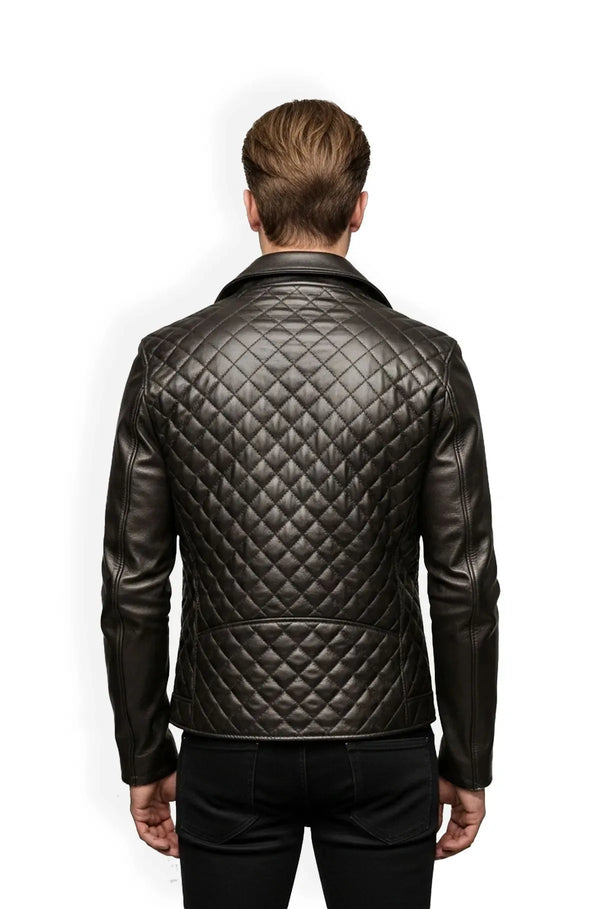 Black and Grey Quilted Leather Biker Jacket Back view