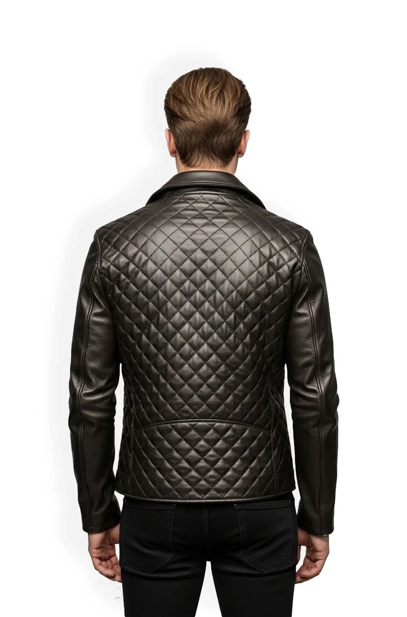 Black and Grey Quilted Leather Biker Jacket Back view