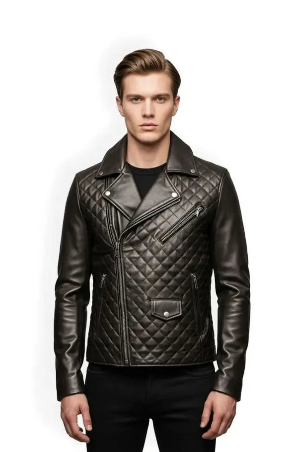 Black and Grey Quilted Leather Biker Jacket Front view