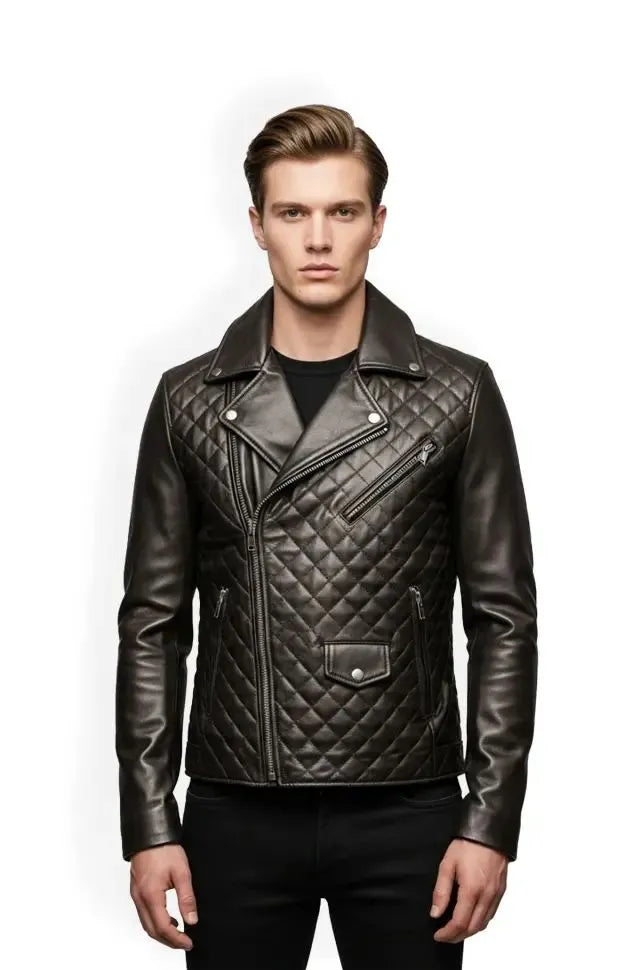 Black and Grey Quilted Leather Biker Jacket Front view