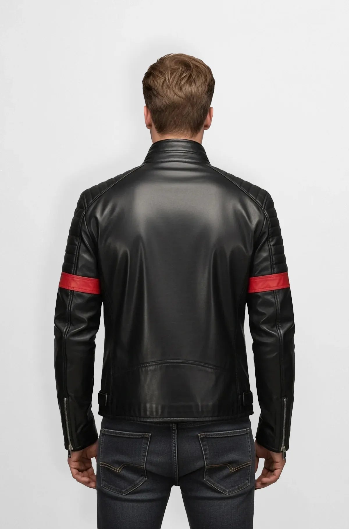 Black & Red Striped Leather Moto Jacket Back view