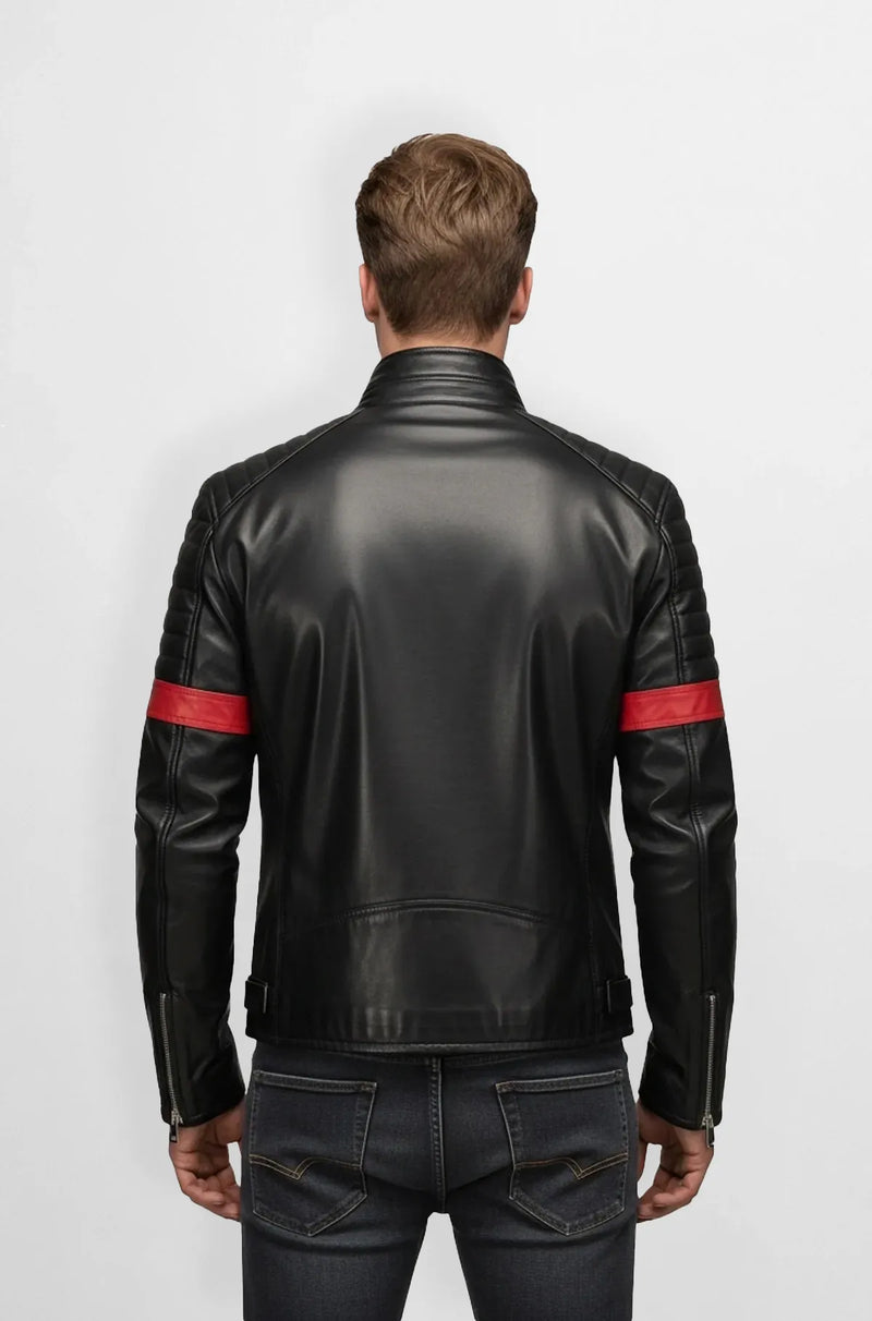 Black & Red Striped Leather Moto Jacket Back view