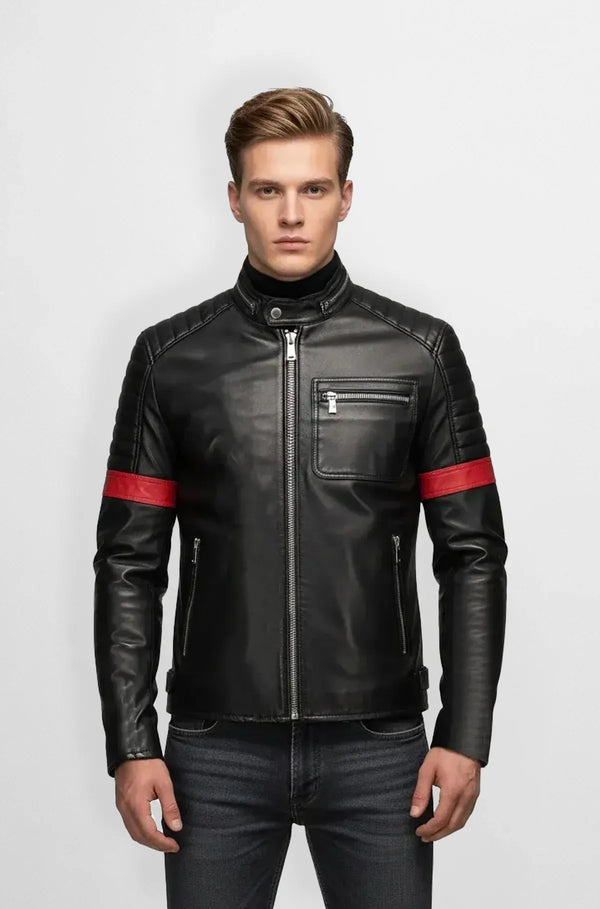 Black & Red Striped Leather Moto Jacket Front view